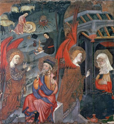 Bebudelsen med hyrder, der laver ost i baggrunden, fra en altertavle dedikeret til Jomfruen, fra Tora, Segarra, Lleida (tempera på panel) af Master of Tora