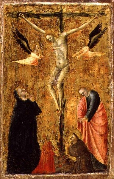 PD.8-1955 Korsfæstelsen med Jomfruen og SS. Johannes evangelisten, Frans af Assisi og Maria Magdalena, ca. 1345 (tempera på panel) af Master of Verrucchio