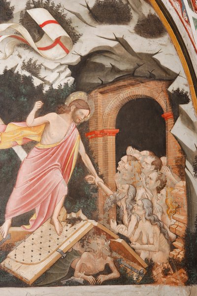"Opstandelse" og "Descent into Limbo", Detalje af "Descent into Limbo": Jesus tager Adams hånd. Ved Kristi fødder, helvedes porte og Djævelens skikkelse på jorden, ca. 1420 (fresko) af Master of Vignola
