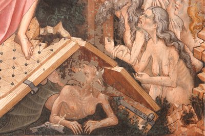 "Opstandelse" og "Descent into Limbo", Detalje af "Descent into Limbo": Helvedes porte og figuren af Djævelen på jorden, ca. 1420 (fresko) af Master of Vignola