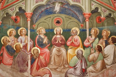 "Pinsen", Detalje med bedende helgener og Jomfru Maria og duen, ca. 1420 (fresko) af Master of Vignola
