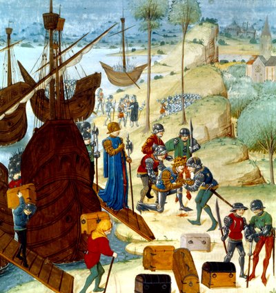 Kong Edward III ankommer til Saint Vaast La Hogue den 12. juli 1346, illustration fra Chroniques dAngleterre af Master of Wavrin