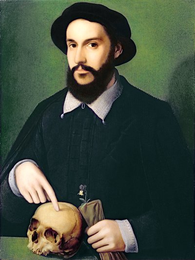 Portræt af en herre med højre hånd pegende på et kranium, ca. 1540 af Master of the 1540s