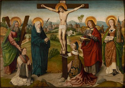 Korsfæstelsen med hellige og donatorer, ca. 1490-1495. af Master of the Aachen Cabinet Doors