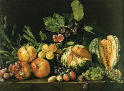 Granatæbler, meloner, druer, ferskner, figner og andre frugter på en stenkant af Master of the Acquavella Still Life