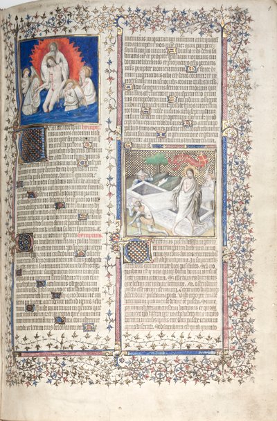 The Gotha Missal: Fol. 1r, Treenighed og opstandelse, ca. 1375. af Master of the Boqueteaux