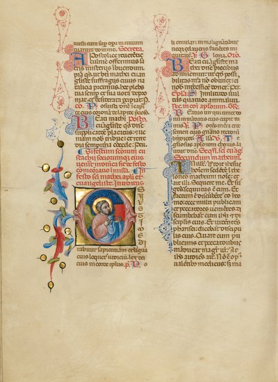 Initial O: Matthæusenglen holder sit evangelium op af Master of the Brussels Initials