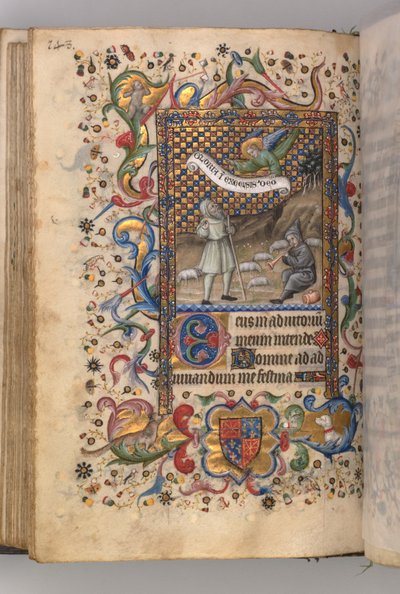 Timer for Karl den Adelige, konge af Navarra 1361-1425: Bebudelse til hyrderne ... verso, c1 af Master of the Brussels Initials and Associates