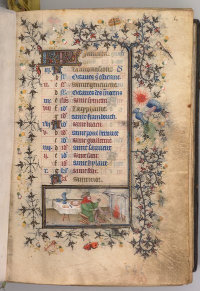 Timer for Karl den Adelige, konge af Navarra 1361-1425: fol. 1r, januar, ca. 1405. af Master of the Brussels Initials and Associates