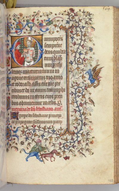 Timer for Karl den Adelige, konge af Navarra 1361-1425, fol. 279r, St. Bassiner, ca. 1405. af Master of the Brussels Initials and Associates