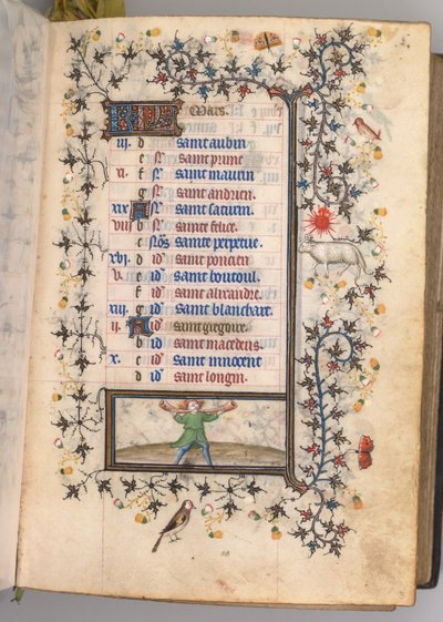Timer for Karl den Adelige, konge af Navarra 1361-1425: fol. 3r, marts, ca. 1405. af Master of the Brussels Initials and Associates