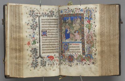 Timer for Karl den Adelige, konge af Navarra 1361-1425: fol. 87v, tekst, ca. 1405. af Master of the Brussels Initials and Associates
