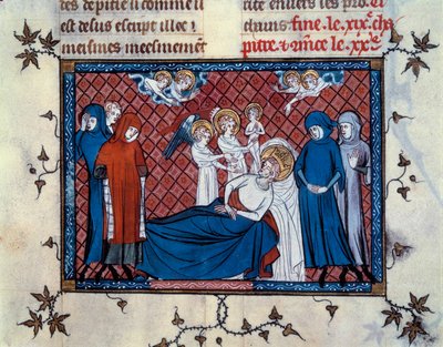 Saint Louis død i Tunis den 25. august 1270. miniature fra manuskriptet "Life and Miracles of Saint Louis"" (side 277), oplyst af Mahiet og skrevet af William af Saint-Pathus af Master of the Cambrai Missal Mahiet