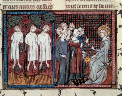 Henrettelser beordret af Enguerrand IV de Coucy. Louis IX yder retfærdighed. Miniature af Mahiet i "" Life and miracles of Saint Louis""", manuskript af Guillaume De Saint Pathus af Master of the Cambrai Missal Mahiet