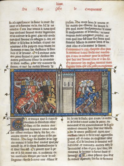 Royal 16 G. VI f.385 Et slag med John, konge af England, og Louis VIII på marchen, fra 