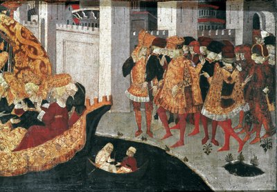 Decameron de Boccaccio (Jean Boccaccio): Chatelain Pericone byder velkommen til Alatiel, datter af sultanen af Babylon Beminedab og hendes suite på øen Mallorca (Pericone da Visalgo byder velkommen til Alatiel, datter af Beminedab, Sultanen af Babylon, på  af Master of the Cassoni