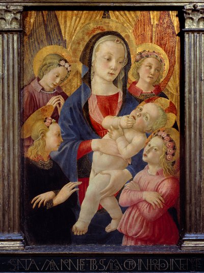 Jomfruen og barnet omgivet af fire engle. Maleri af Fødselsmesteren Castello Ec. Ital. af Master of the Castello Nativity