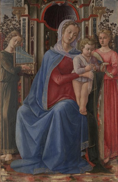 Jomfru og barn med to engle af Master of the Castello Nativity