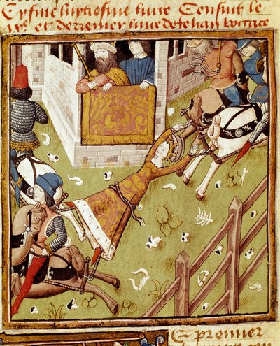 Brunehauts tortur: Brunehaut eller Brunehilde (543-613), fangen af Clotaire (Clothaire) II, bliver revet fra hinanden af heste, der trækker dens medlemmer fra hver side - Miniature af Mesteren af Damernes Mester fra manuskriptet "" Des hommes illustres """ af Master of the Champion des Dames