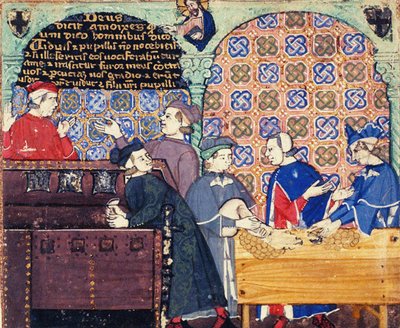 Girighed. En miniature med scener af bankvirksomhed af Master of the Cocharelli Codex