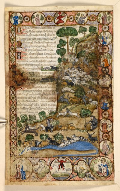 Tilføje. 28841, f.1v: Geometriske helsideskanter af rhomboider, rundeller og quatrefoils beboet af dyr og figurative scener: Hyrder, der våger over får og geder og kæmper mod ulve, en rød djævel, der står til hest i grænsen, fra en godbid af Master of the Cocharelli Codex
