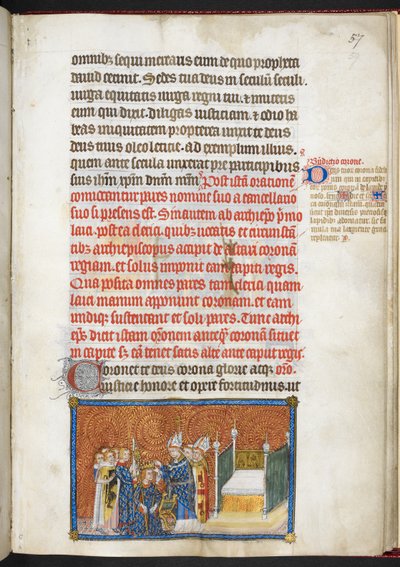 Bomuld Tiberius B.VIII f.59 Ærkebiskoppen af Reims sætter kronen på kongens hoved, fra 