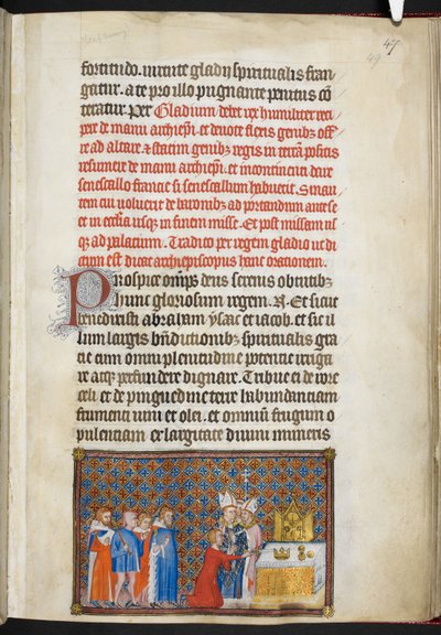 Bomuld Tiberius B. VIII f.49r Kongen ofrer sværdet på alteret, illustration fra 