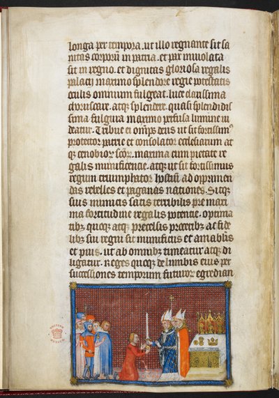Bomuld Tiberius B. VIII f.49v Ærkebiskoppen af Reims returnerer sværdet til kongen, illustration fra 