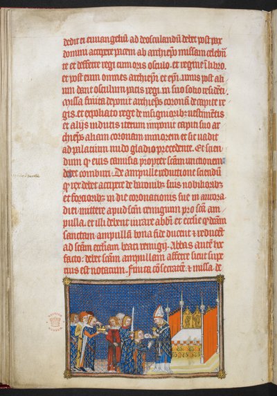 Cotton Tiberius B. VIII f.65v Kong Charles V knæler, mens ærkebiskoppen af Reims placerer nadverskiven i munden på ham, illustration fra 