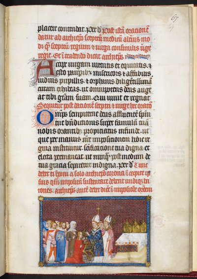 Bomuld Tiberius B. VIII f.69r Dronningen modtager scepter og virga, fra 