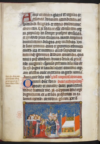 Bomuld Tiberius B. VIII f.69v Ærkebiskoppen af Reims sætter kronen på dronningens hoved og baronerne opretholder hendes krone, illustration fra 