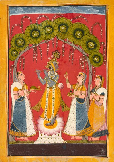 Krishna Floating, Folio fra en Dasavatar-serie, ca. 1730. af Master of the Court of Mankot