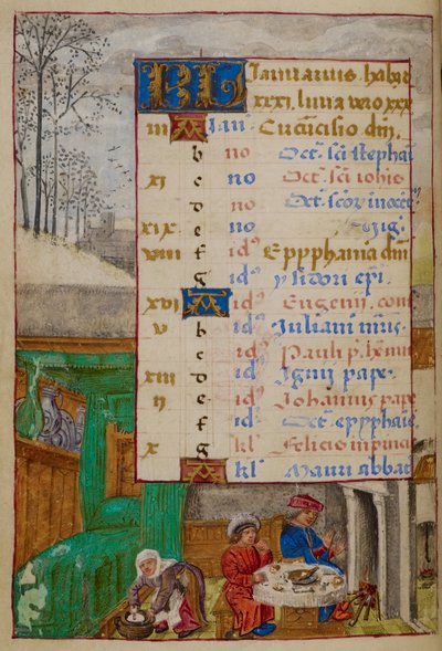 Tilføje. 18852, f.1v Kalenderside for januar, illustration fra 