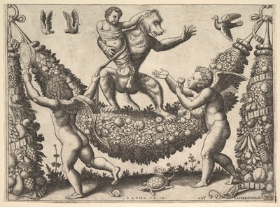 En abe, der holder en bundet putto stående på en guirlande, foran hvilken er to vingede p..., 1530-60. af Master of the Die