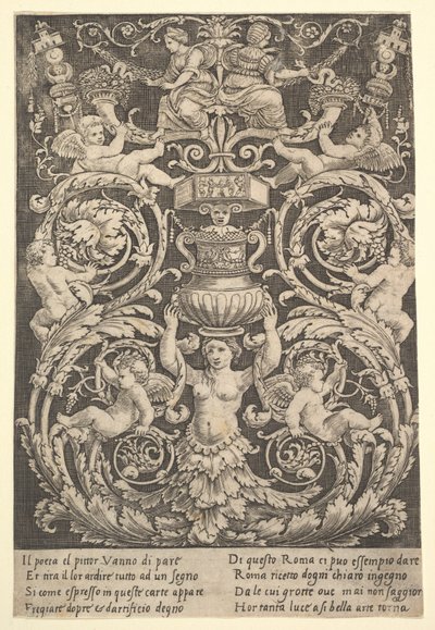 Et panel af ornament med en kvinde, der holder en vase i midten, 1532. af Master of the Die