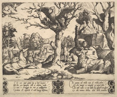En føniks sad på toppen af et træ, åbne vinger, et udvalg af dyr nedenfor, 1530-60. af Master of the Die