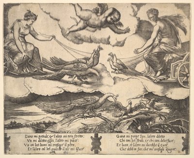 Allegori om ægteskab og kærlighed, Juno i en vogn trukket af påfugle til venstre, Venus i en ..., 1530-60. af Master of the Die