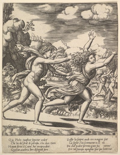 Apollo jagter Daphne, der slår armene op, i baggrunden til højre viser mor..., 1530-60. af Master of the Die