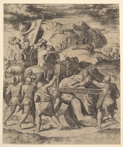 Kristus bar korset omgivet af soldater, flere til hest, 1530-60. af Master of the Die