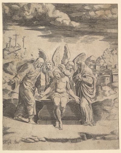Kristus sad på graven støttet af engle, 1530-60. af Master of the Die