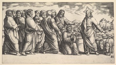 Kristus står til venstre og viser til en flok får, foran ham knæler St. Peter hol..., 1530-60. af Master of the Die