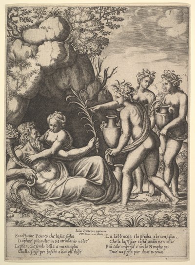 Daphne omfavner sin far, flodguden Peneus, til venstre bringer tre nymfer krukker ..., 1530-60. af Master of the Die
