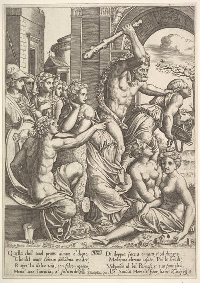 Misundelse eller griskhed til højre bliver drevet fra musernes tempel af Hercules, der ..., 1530-60. af Master of the Die