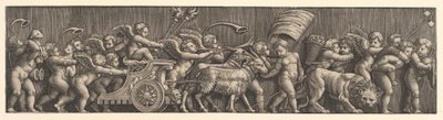 Frisearrangement, der skildrer kærlighedens triumf, Amor i en vogn ledet af geder, mand..., 1530-60. af Master of the Die