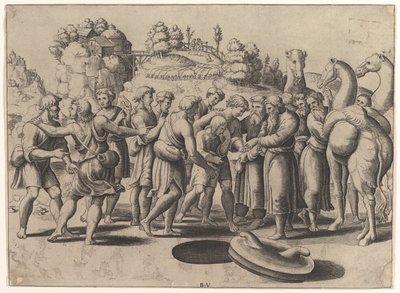 Joseph i midten bliver solgt af sine brødre stående over en brønd, kameler til højre, 1533. af Master of the Die