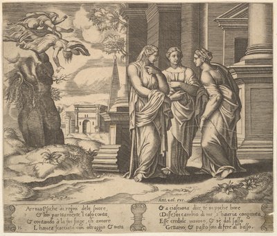 Plade 15: Psyche, der fortæller sine ulykker til sine søstre, fra The Fable of Psyche, 1530-60. af Master of the Die