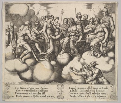 Plade 30: Venus og Amor forsvarer deres sag i nærværelse af Jupiter og andre guder..., 1530-60. af Master of the Die