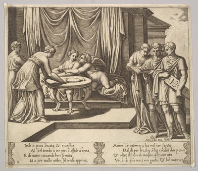 Tavle 8: Psyche siddende ved et bord og overværet af usynlige tjenere, Eros ved siden af g..., 1530-60. af Master of the Die