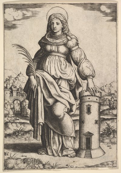 Sankt Barbara stående, håndfladen i højre hånd, hvilende venstre hånd på et tårn, 1530-60. af Master of the Die