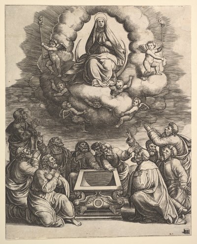 Jomfruens himmelfart, nedenfor apostlene omgiver graven, 1530-60. af Master of the Die